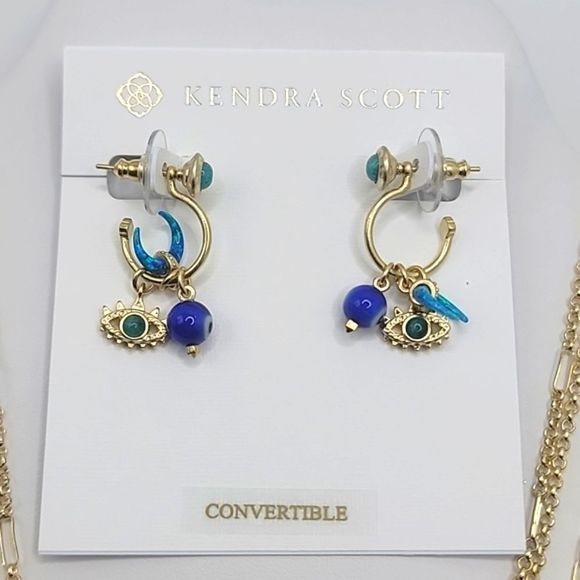 NWT KENDRA SCOTT GEMMA TEAL LABRADORITE 3 STRAND NECKLACE & HUGGIE EARRINGS SET - Picture 3 of 10